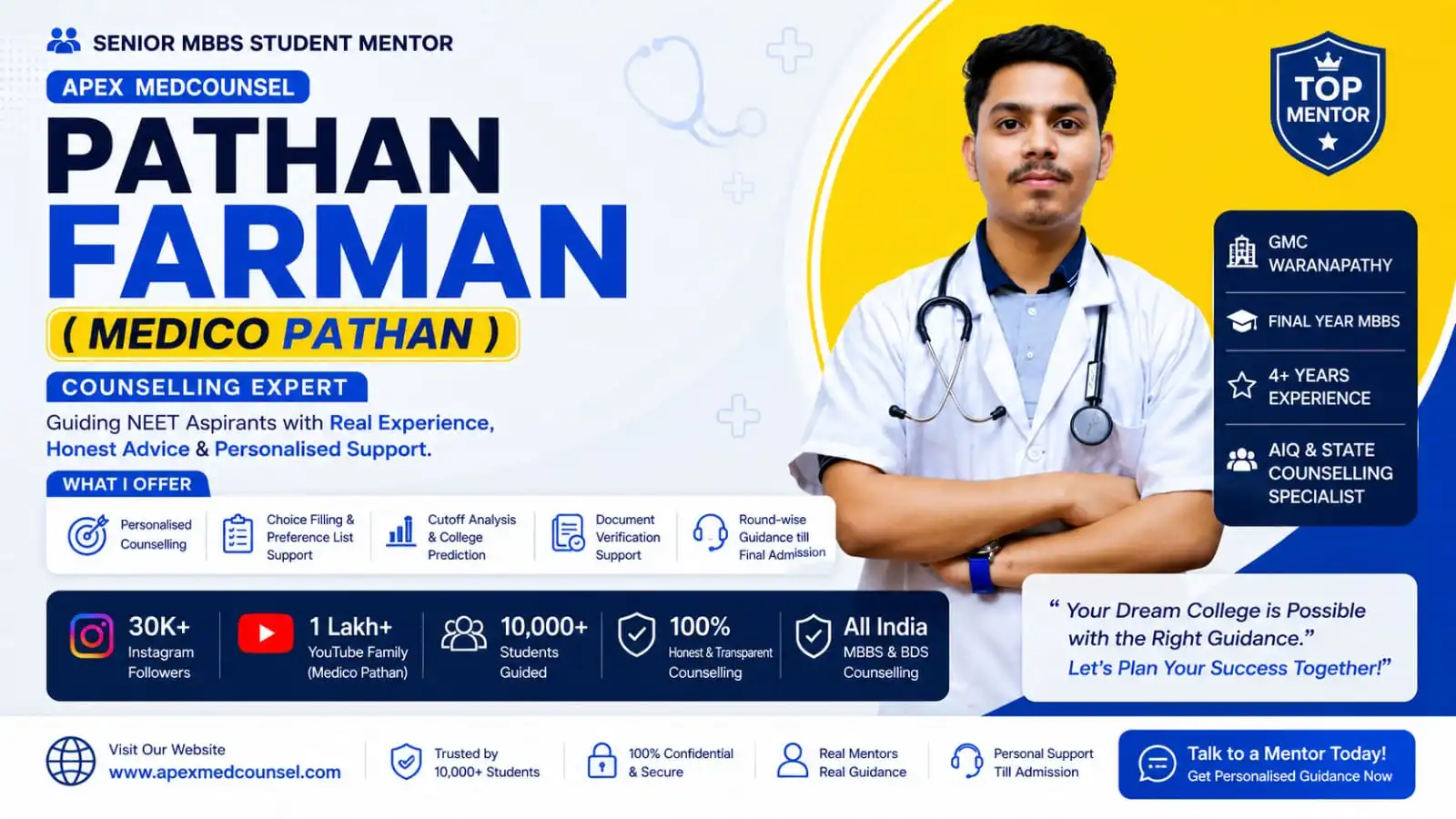 Pathan Farman (Medico Pathan), senior MBBS mentor and NEET counselling expert, providing personalized MBBS admission guidance, college prediction, AIQ counselling, and document verification.